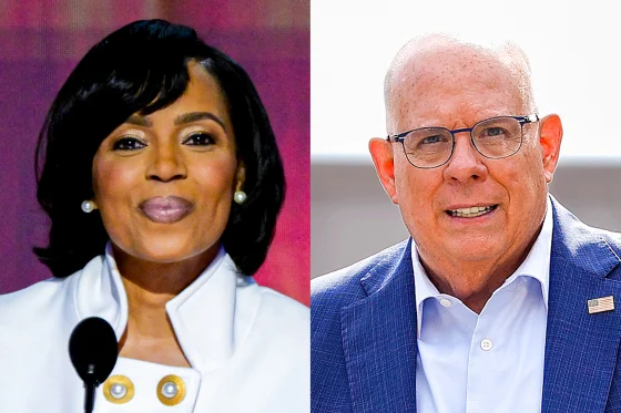 Angela Alsobrooks and Larry Hogan facing off in a Maryland Senate debate