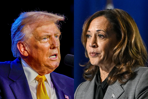 A-split-screen-image-showing-Donald-Trump-rallying-in-Michigan-and-Kamala-Harris-addressing-supporters-in-Wisconsin.